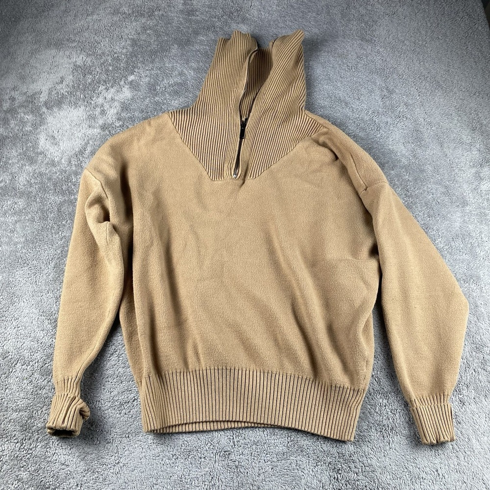 Tahari Quarter-zip Sweater Textured Knit High Collar Womens Medium Beige Cream